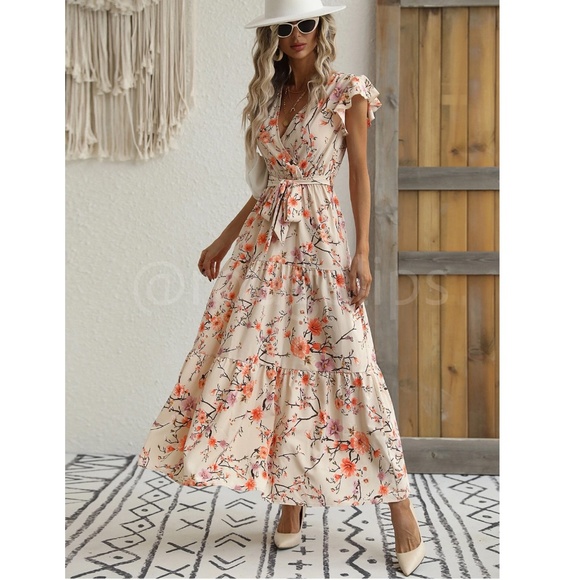 Floral Dress Surplice Overlapping V Neck Fit & Flare Maxi Long  Beige Tie Belt - Picture 7 of 9